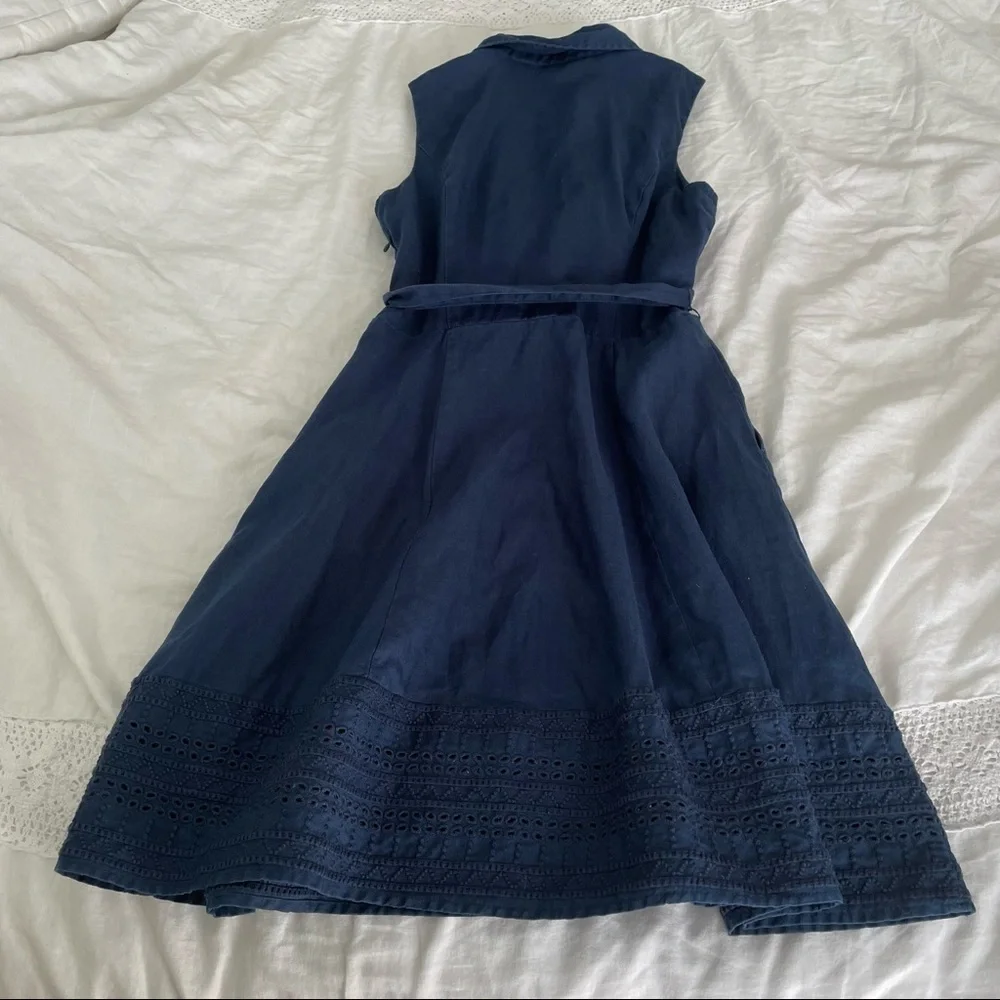 Tahari SZ 2 100% Linen Shirt Dress Navy blue fit flair - Picture 3 of 8